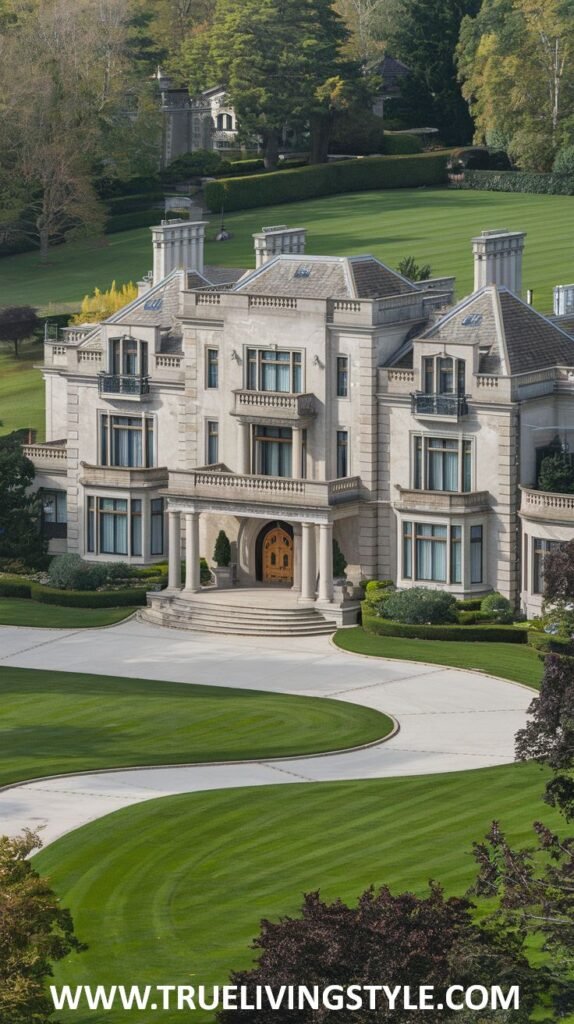 Front view of a classic, imposing stone mansion with a grand entrance, columns, multiple balconies, and expansive manicured lawns with a long driveway. This stately residence is a distinguished mansion.