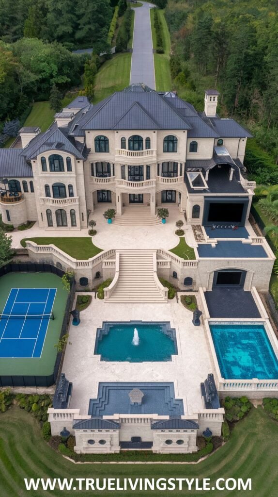 Aerial view of a sprawling stone mansion with a dark roof, multiple wings, a grand entrance with stairs, a swimming pool with a fountain, another rectangular pool, and a blue tennis court, surrounded by lush green landscaping and trees. This elaborate property exemplifies a luxurious mansion.
