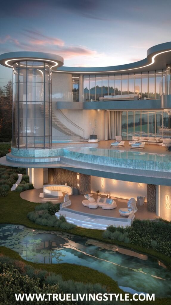 Rendering of a modern, multi-level glass and concrete mansion at dusk, featuring curved architecture, an infinity pool that appears to cascade, outdoor lounge areas, a cylindrical glass elevator or staircase, and surrounding greenery. This contemporary design showcases a unique mansion.