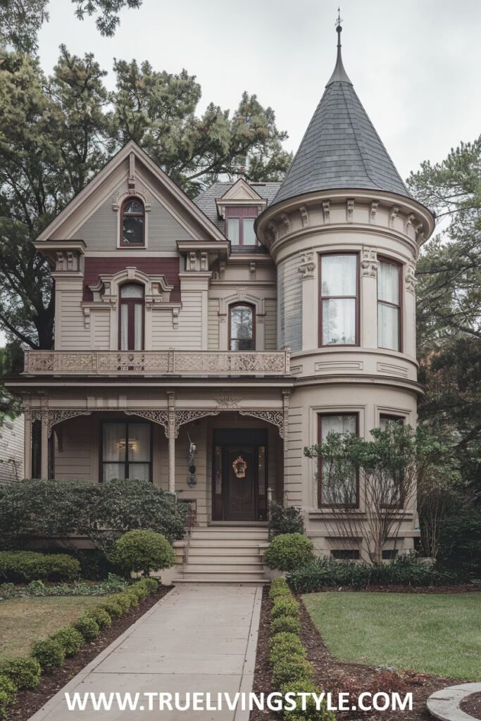 A multi-story house with a rounded turret and a porch has a walkway leading to the front entrance.