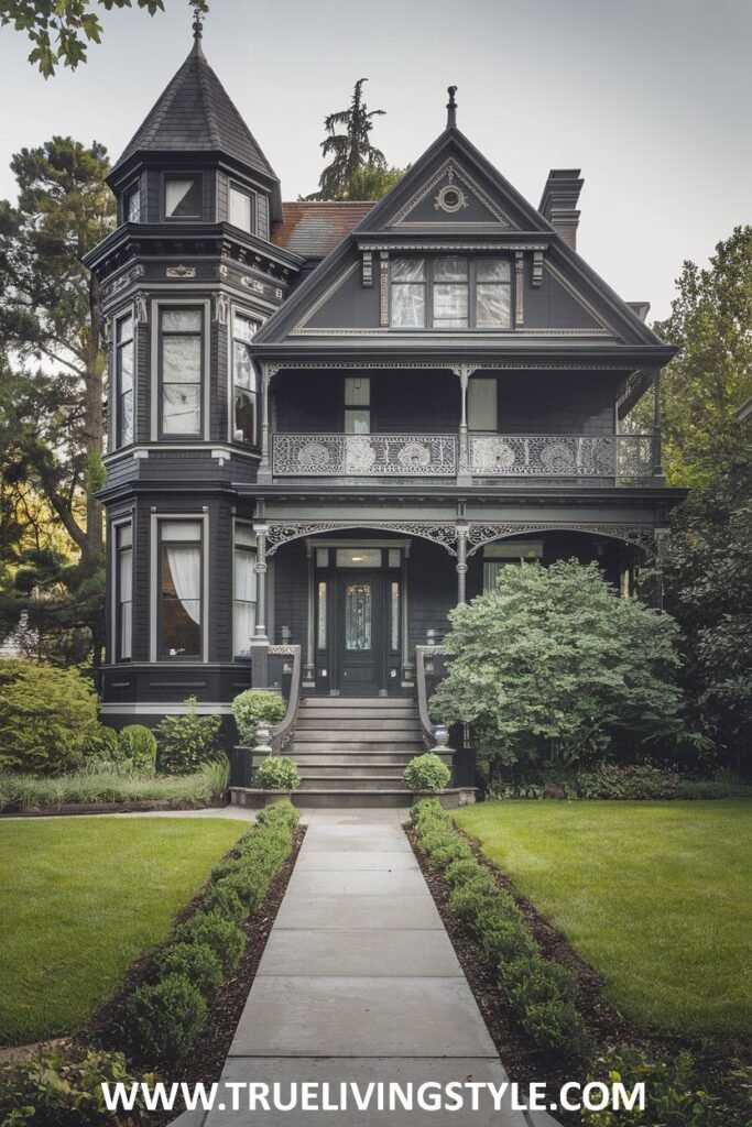 A dark-colored Victorian house with a turret and ornate balcony stands on a green lawn.