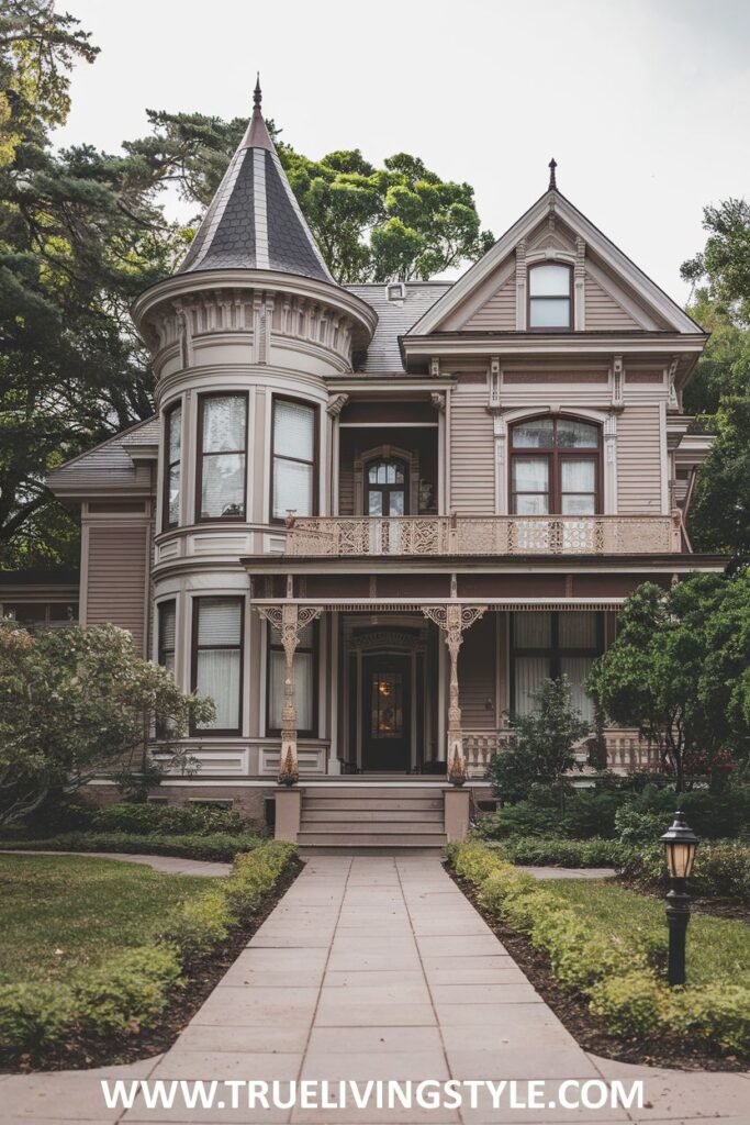 A three-story house with a turret and a decorative porch has a stone walkway leading to the front door.