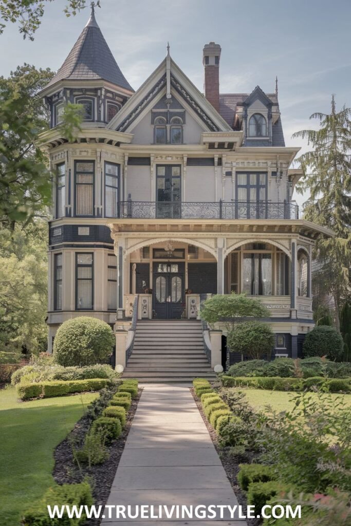 A grand house with a turret and an ornate porch has manicured landscaping.