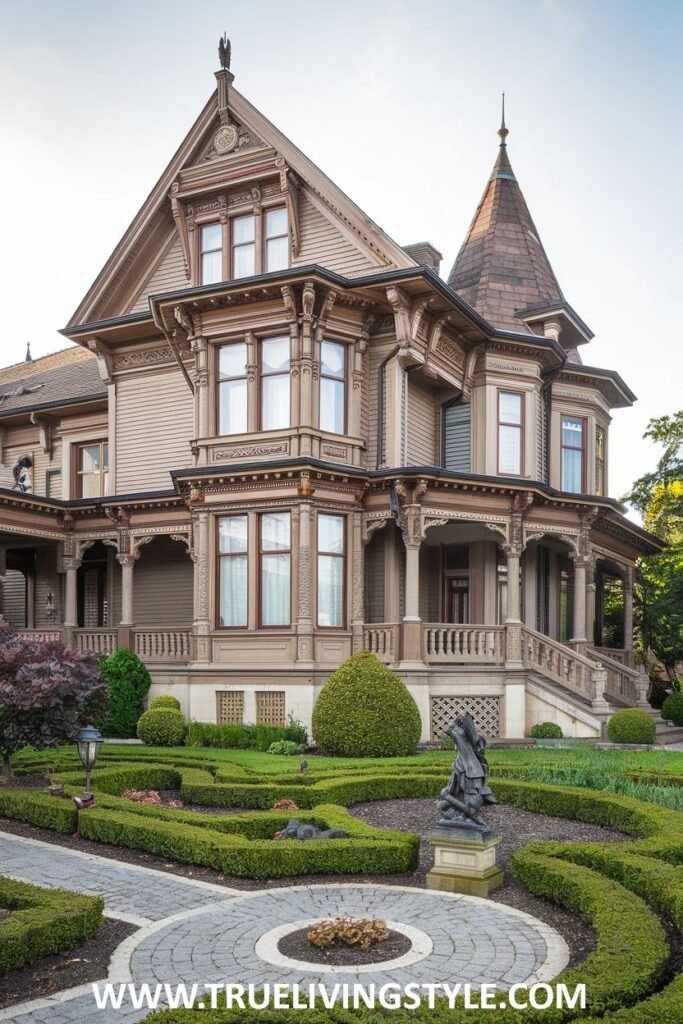 An ornate house with a turret and a wrap-around porch features a circular garden with a statue.