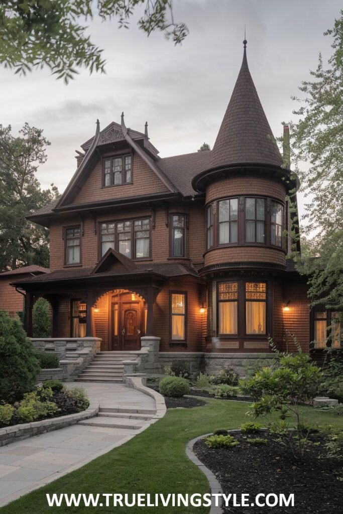 A brown house with a turret and a covered porch has a stone walkway leading to the front door.