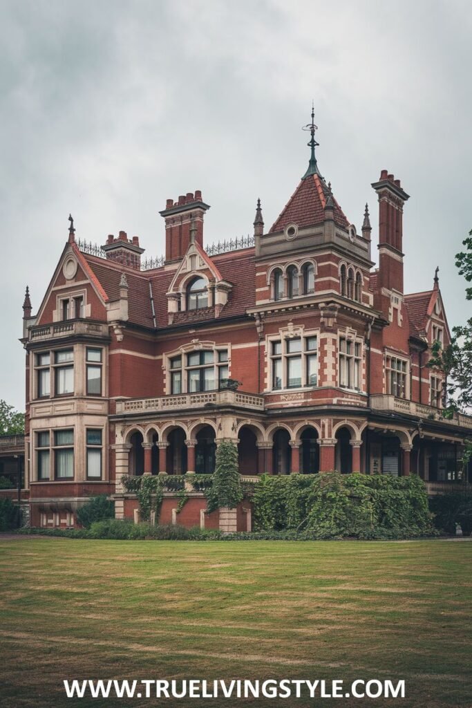 A large red brick house with multiple chimneys and an arched porch is set on a green lawn.