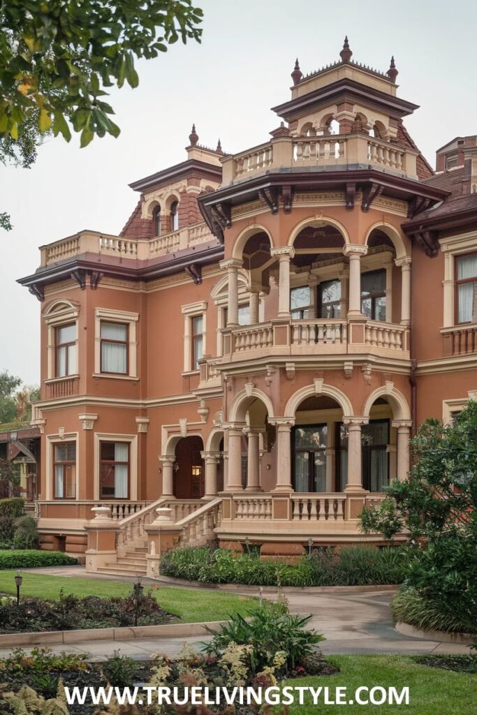 An orange house with multiple balconies and arched entryways features detailed architectural elements.