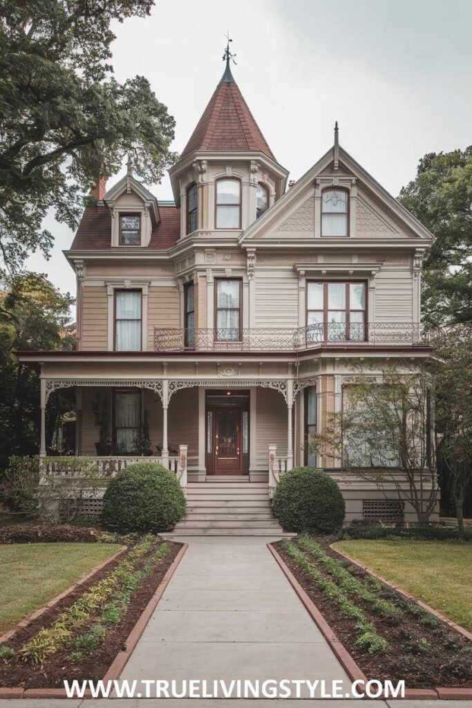 A three-story home with a tower and a wide porch has a walkway leading up to the front door.