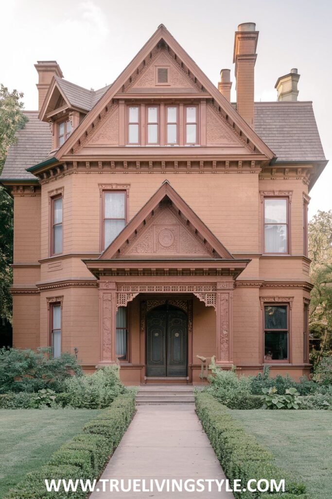 A brown house with a gabled roof and decorative porch has a walkway lined with hedges.