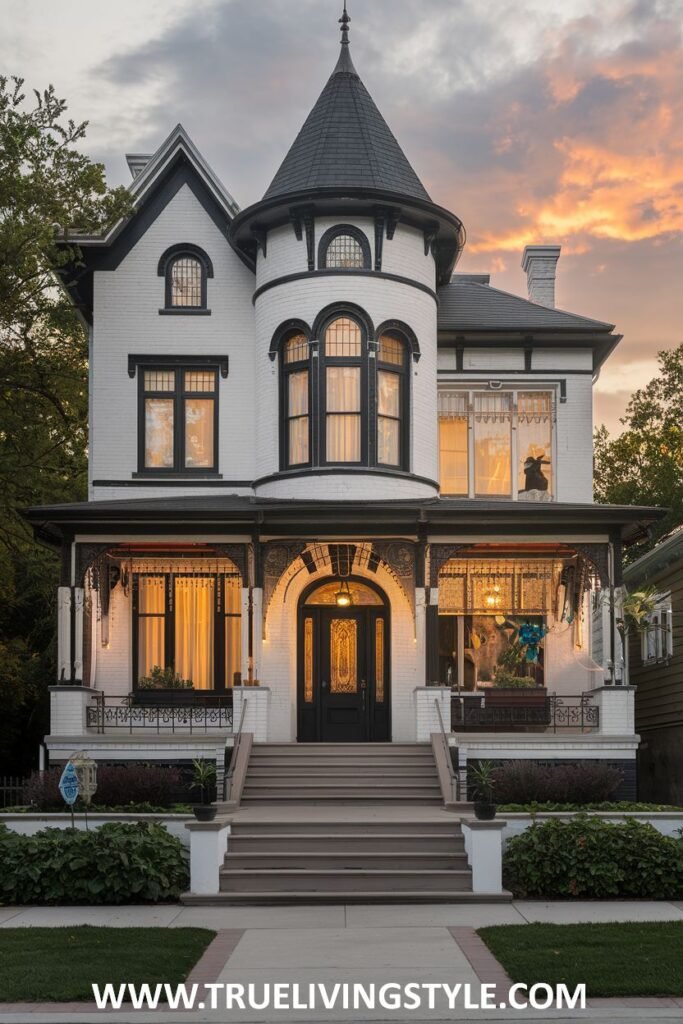 A white house with black accents and a turret is adorned with porch lights and manicured bushes.