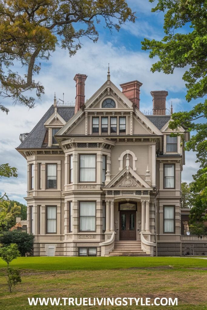 A large, tan house with a prominent front porch and multiple chimneys sits on a grassy lawn.