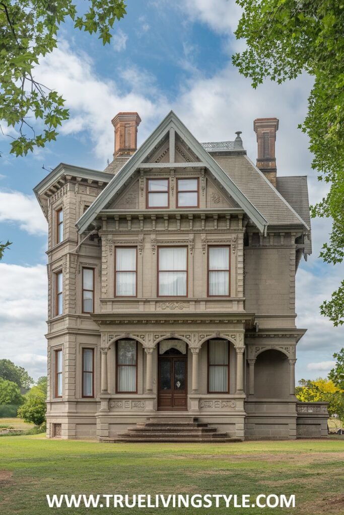 A grey three-story house with a covered porch has a well-maintained lawn.