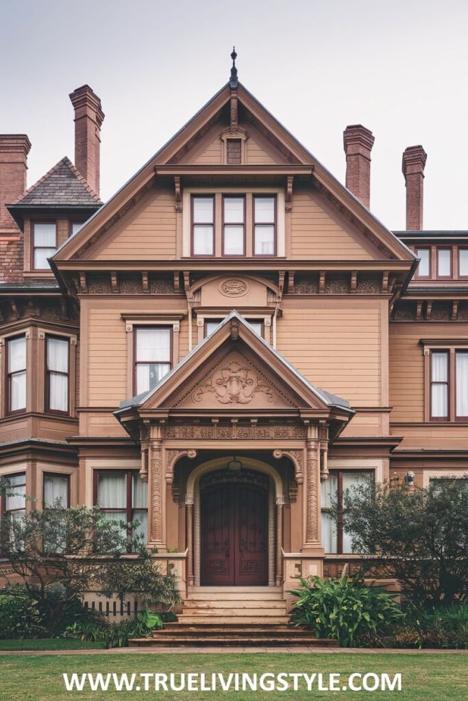 A tan house with a gabled entryway and multiple chimneys is surrounded by green landscaping.