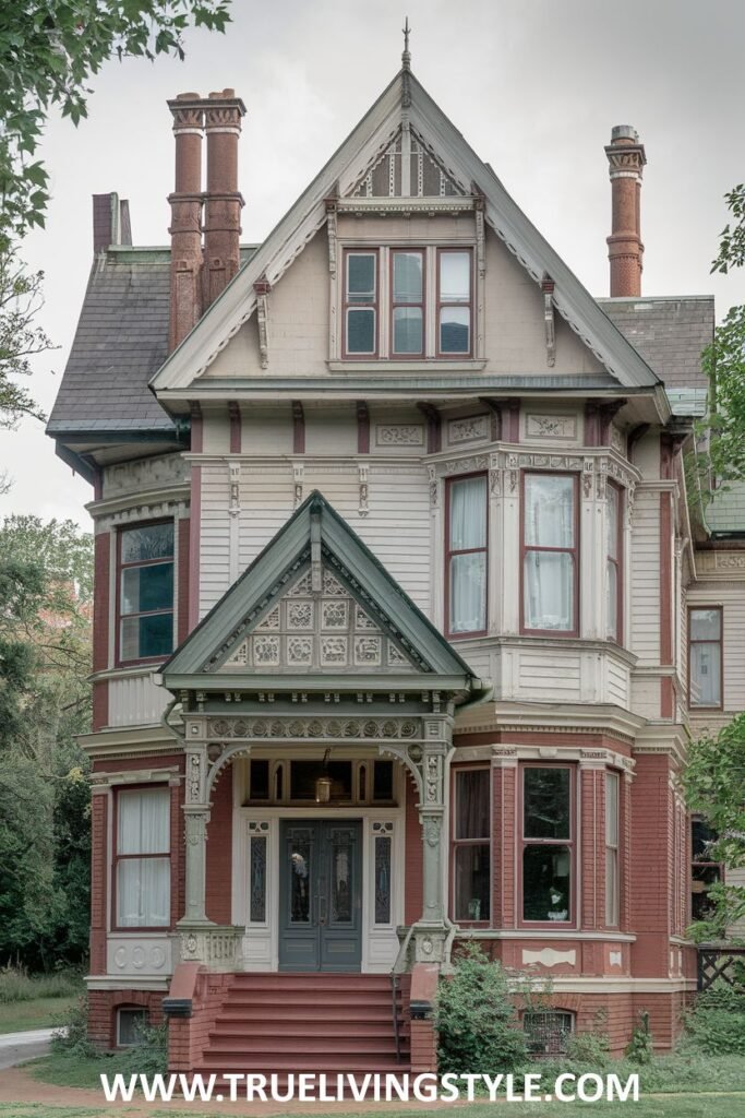 A house with red brick accents and a covered porch is surrounded by lush greenery.