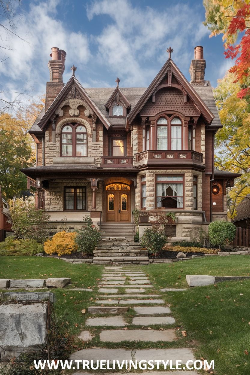 A stone and brick house with a turret and decorative windows features a stone pathway.