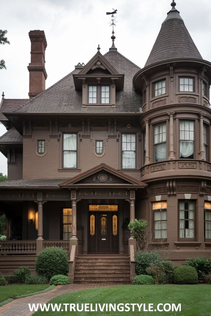 A brown Victorian house with a turret and detailed porch has a well-kept lawn and garden.