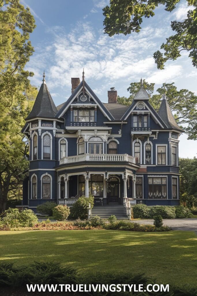 A large, blue house with turrets and a porch stands on a well-manicured lawn.