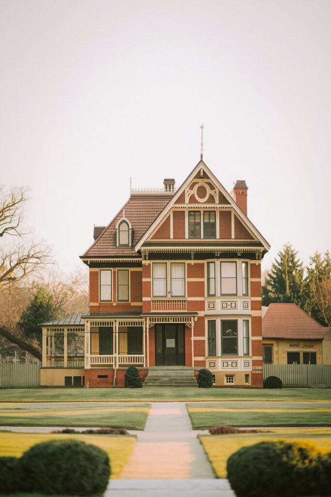 A red brick Victorian mansion with a steeply pitched roof, ornate porch, bay window, and a manicured lawn with a pathway leading to the entrance.