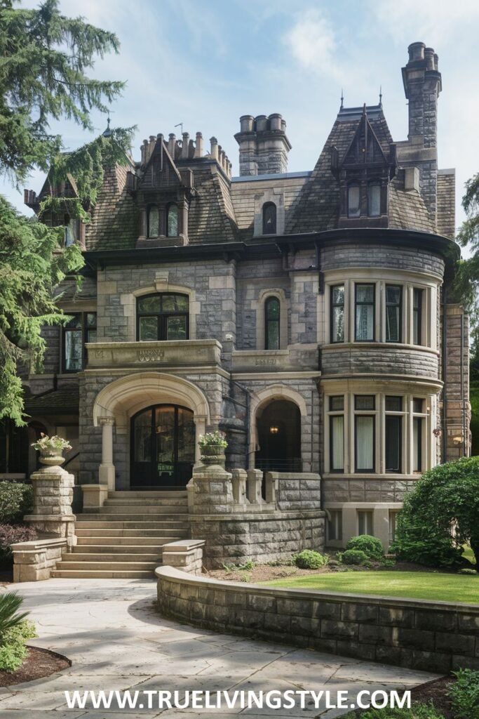 A stone mansion with multiple chimneys and a rounded tower has stone steps leading to the entrance.