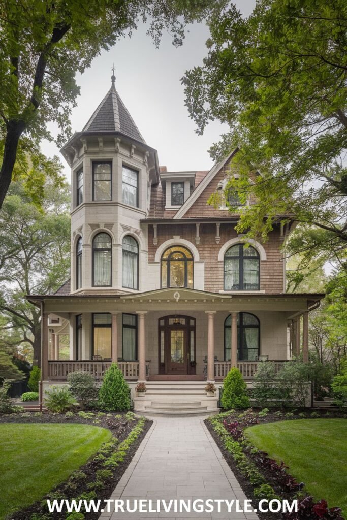 A tan house with a turret and porch has a walkway lined with garden beds leading to the front door.