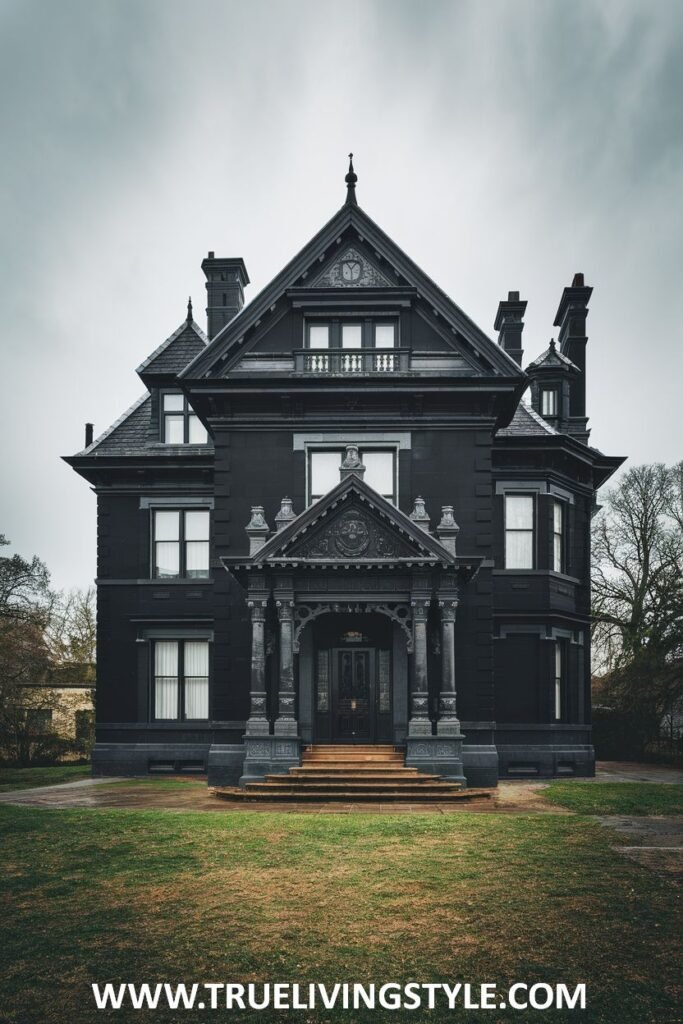 A dark, gothic-style house with a covered porch stands on a green lawn under a cloudy sky.