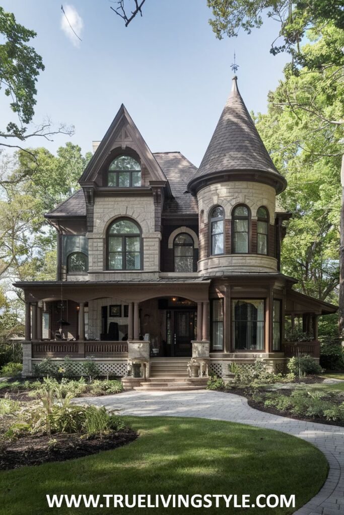 A large home with a turret and a wrap-around porch features stone and wooden elements.