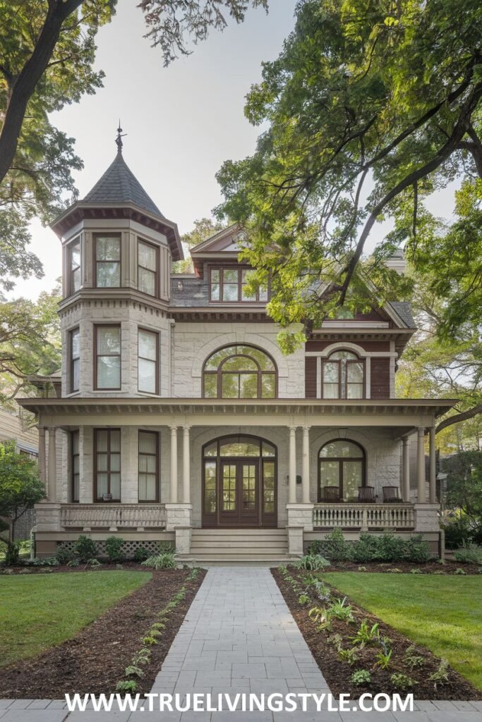 A grand home with a turret and a large arched window above the porch has a walkway leading to the entrance.