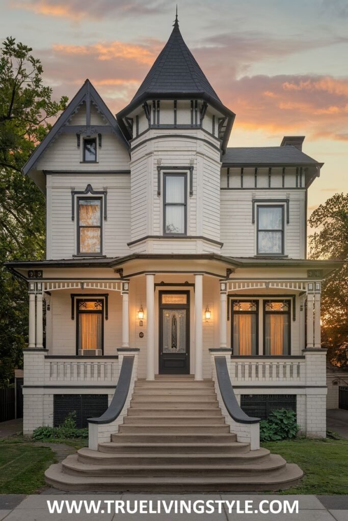 A white house with black trim and a turret is set against a vibrant sunset.