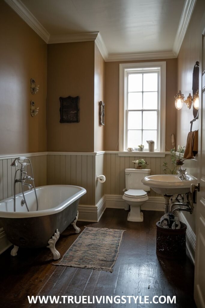 A warm and inviting victorian bathroom with wooden wainscoting, wooden plank floors, a clawfoot bathtub, a pedestal sink with traditional fixtures, and a rug.