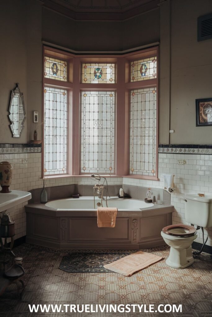 A unique victorian bathroom with a bay window featuring stained glass details, a sunken bathtub with ornate faucets, detailed floor tiles, and a traditional toilet with a wooden seat.