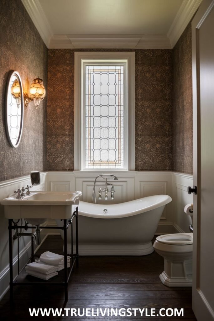 An elegant victorian bathroom with patterned wallpaper, white wainscoting, a white clawfoot bathtub, an iron console sink with exposed plumbing, and a stained glass window.
