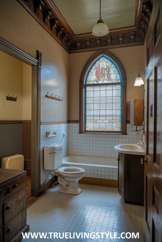 A grand victorian bathroom with a vaulted ceiling, a gothic arched stained glass window, a white bathtub, a toilet, and a wooden vanity.