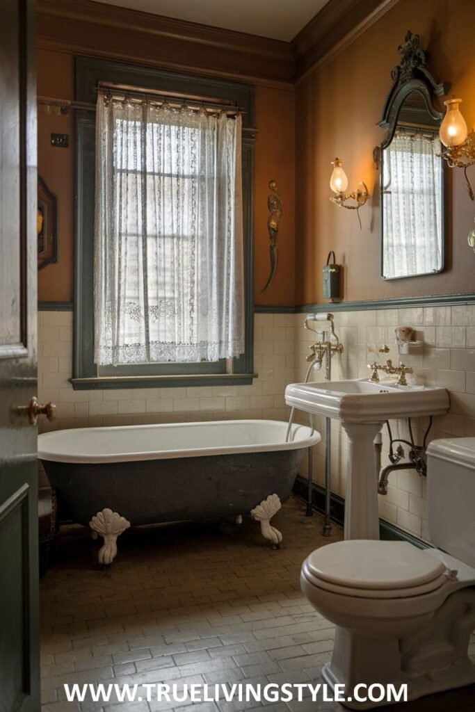A warm and inviting victorian bathroom with earthy-toned walls, a classic clawfoot bathtub, a pedestal sink with traditional fixtures, and a lace curtain on the window.