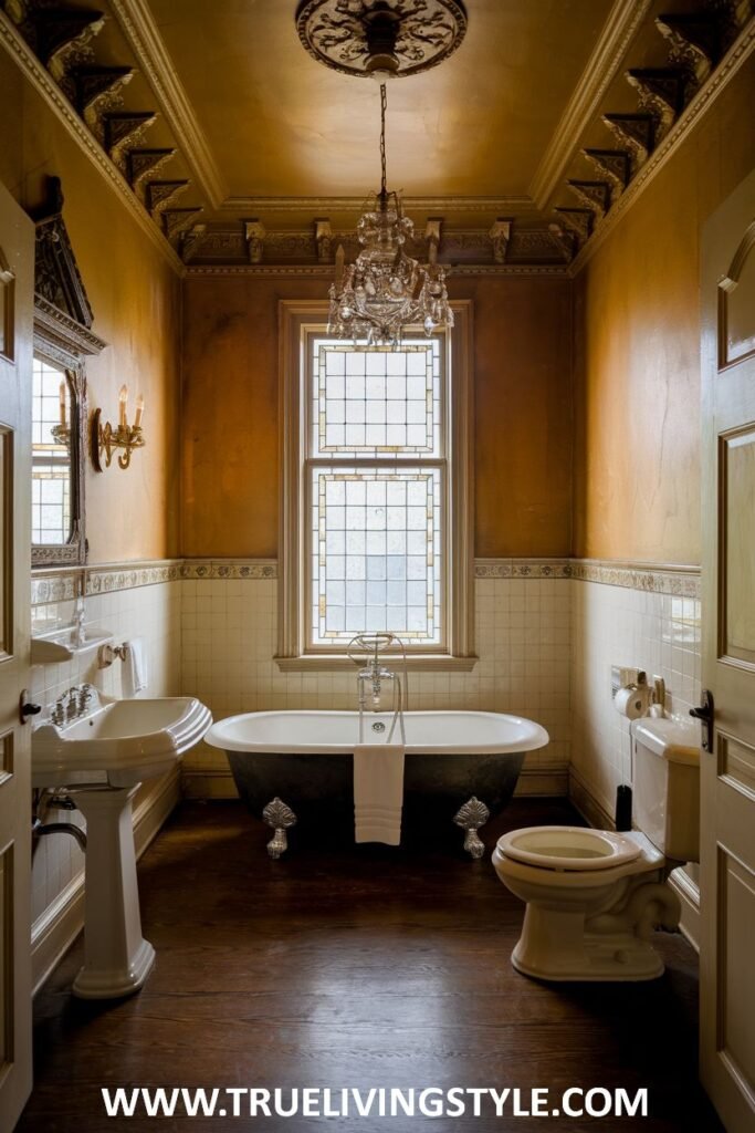 A luxurious victorian bathroom with a crystal chandelier, a clawfoot bathtub with ornate detailing, a pedestal sink with ornate detailing, rich wall color, and detailed ceiling trim.