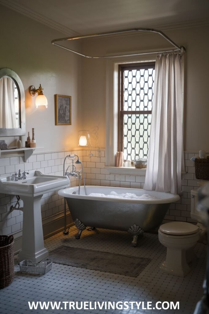 A cozy victorian bathroom with warm lighting, a clawfoot bathtub with a shower curtain, white subway tiles on the walls, a pedestal sink, and a toilet.