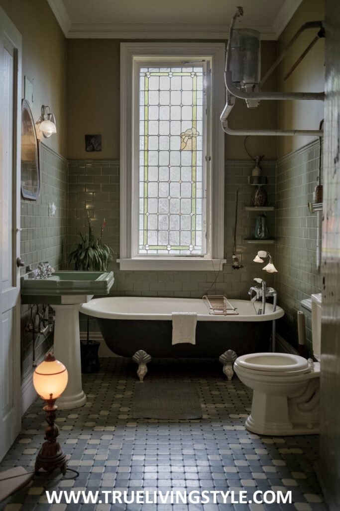 A green-toned victorian bathroom with a stained glass window, a pedestal sink with green accents, a clawfoot bathtub, and patterned floor tiles.