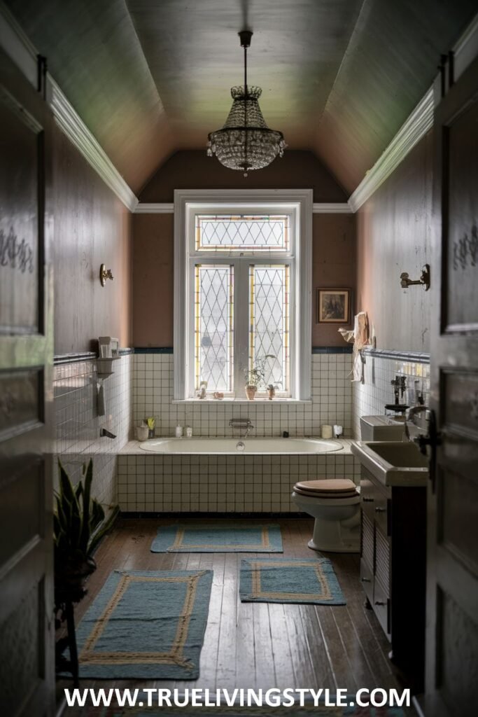 A long and narrow victorian bathroom with wooden plank floors, a chandelier, a built-in bathtub with traditional faucets, a pedestal sink, and bath mats.