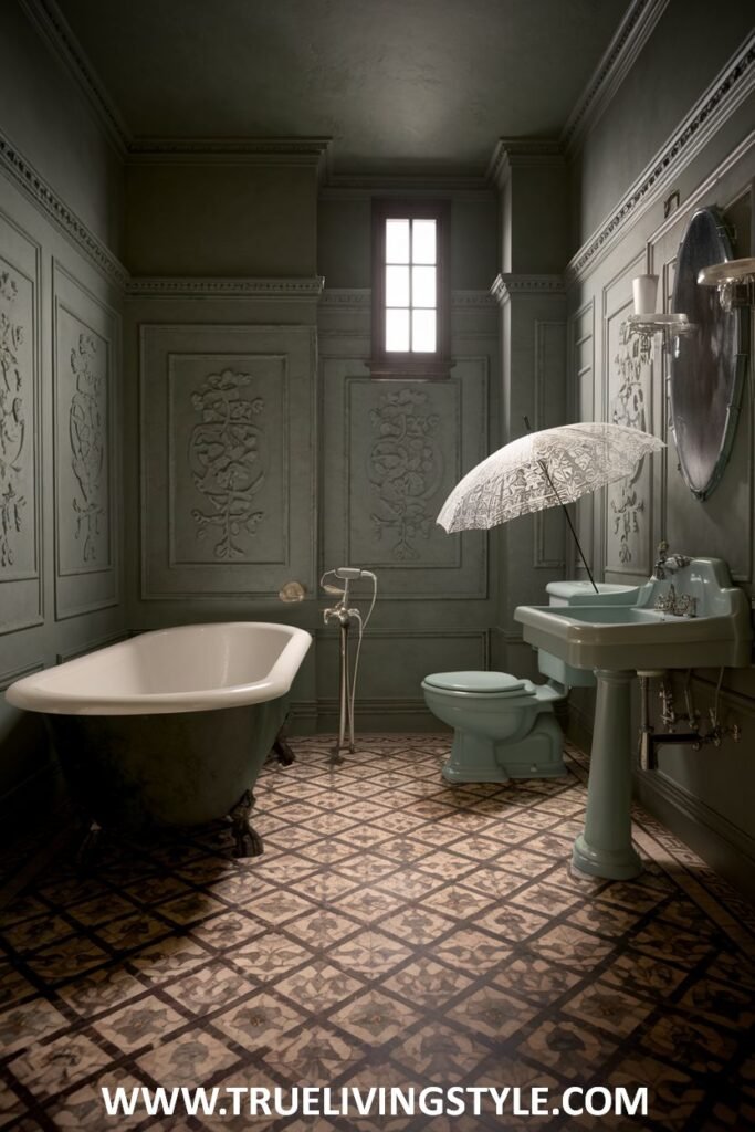 A moody blue victorian bathroom with deep blue walls, detailed wall paneling, a clawfoot bathtub, and uniquely colored sink and toilet.