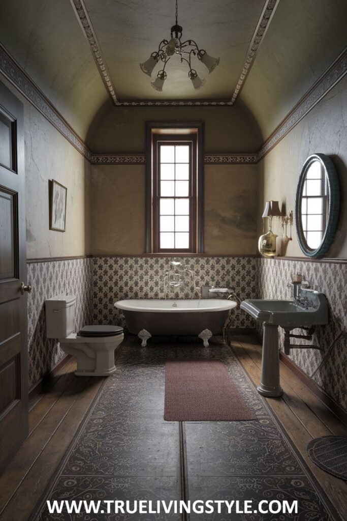 A traditional victorian bathroom with patterned wallpaper, a classic clawfoot bathtub, a pedestal sink, an oval mirror, and rugs on the floor.