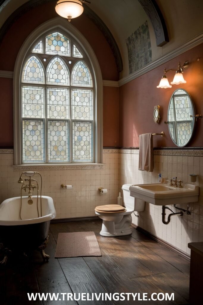 An ecclesiastical inspired victorian bathroom with a prominent arched stained glass window, wooden plank floors, a clawfoot bathtub, a pedestal sink, and wall-mounted lighting.