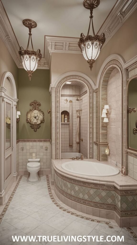 A grand and open victorian bathroom with arched alcoves, a large freestanding bathtub, intricate tile work, pendant lighting, a toilet, and a separate shower.