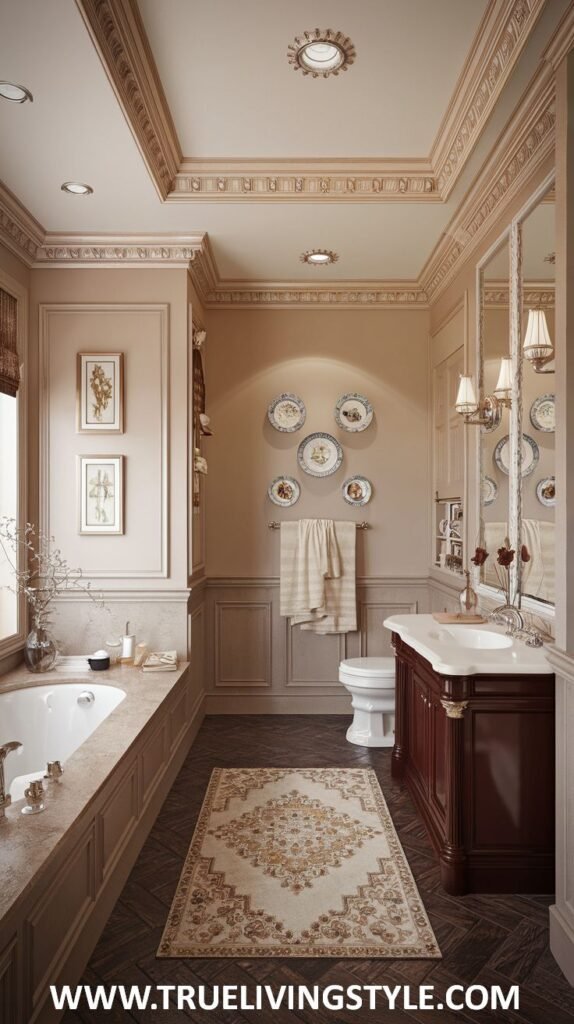 A soft and elegant victorian bathroom with paneled walls, a dark wood vanity with a marble countertop, a built-in bathtub with traditional fixtures, and a patterned rug.