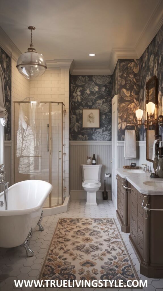 A modern victorian bathroom with dark floral wallpaper, a double vanity, a white clawfoot bathtub, and modern lighting fixtures.