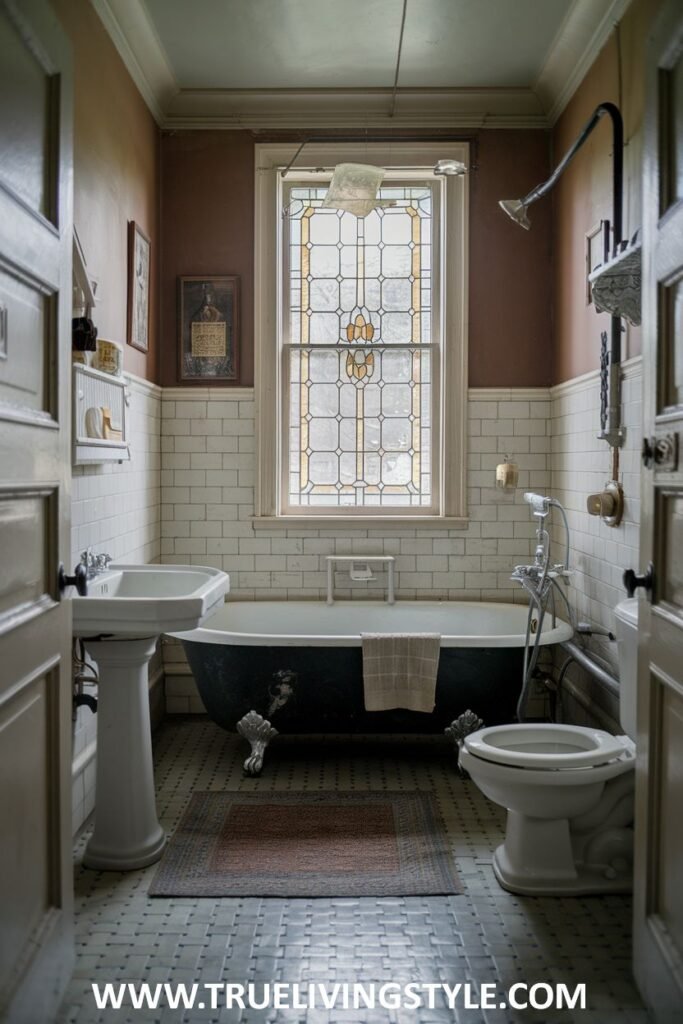 A rustic charm victorian bathroom with exposed plumbing pipes, a traditional clawfoot bathtub, a pedestal sink, and a stained glass window.