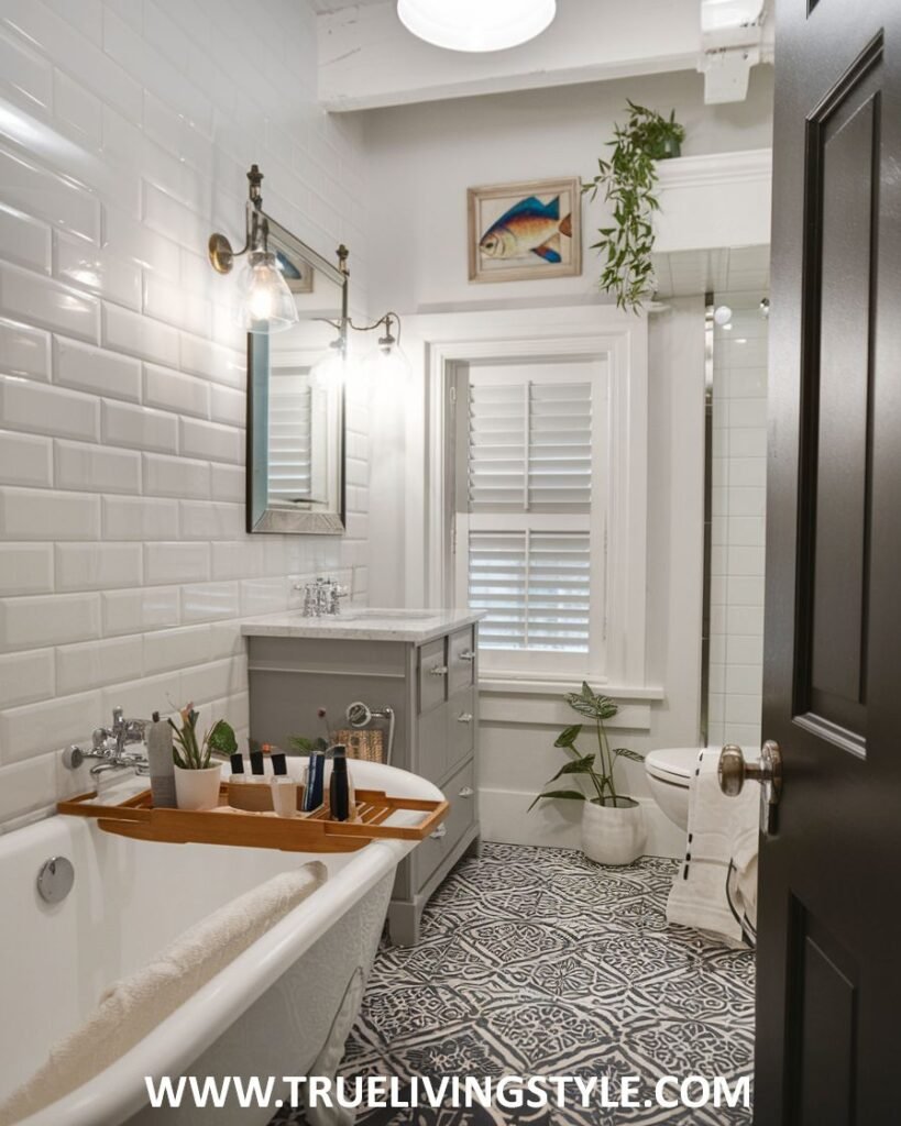 A bright and clean victorian inspired bathroom with white subway tiles, a freestanding bathtub, a vanity with a light countertop, and plants.