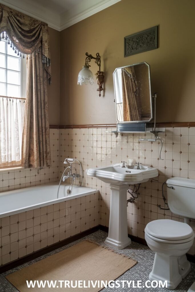 A traditional victorian bathroom with a pedestal sink, a built-in bathtub, a patterned tile border, traditional faucet fixtures, and a toilet.