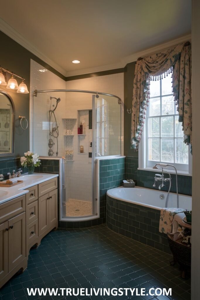 A spacious victorian bathroom with a modern corner shower enclosure, a built-in bathtub with traditional fixtures, elegant window drapery, and a double vanity.