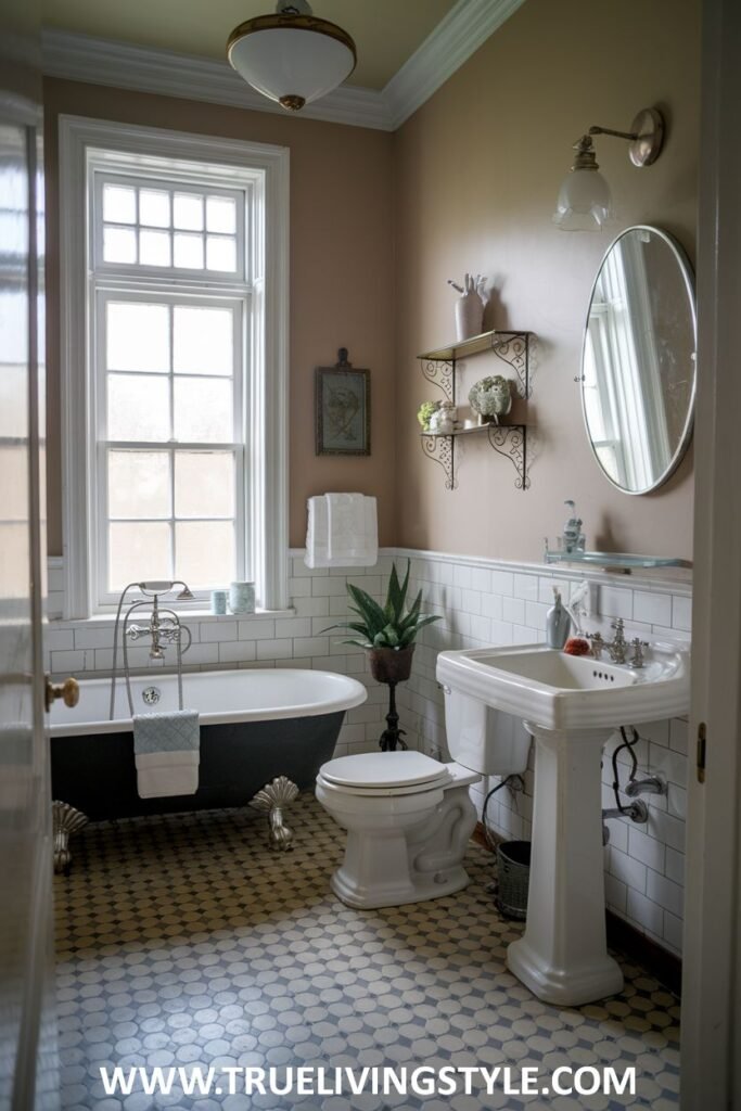 A bright and airy victorian bathroom featuring peach walls, white wainscoting, a black clawfoot tub, a patterned tile floor, a pedestal sink, and a window with natural light.
