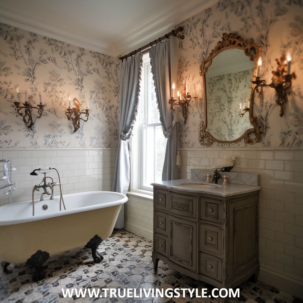 A romantic victorian bathroom with floral wallpaper, a clawfoot bathtub, an ornate gold-framed mirror, a wooden vanity, and sconce lighting.