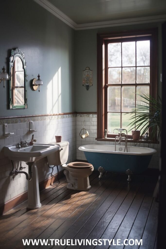 A victorian bathroom with natural light streaming through a large window, wooden plank floors, a blue clawfoot tub, a traditional pedestal sink, and a toilet.
